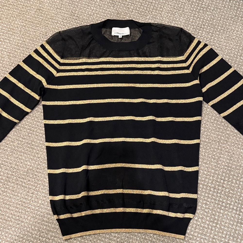 Philip Lim Striped Black and Gold Crewneck Sweater with sheer neckline